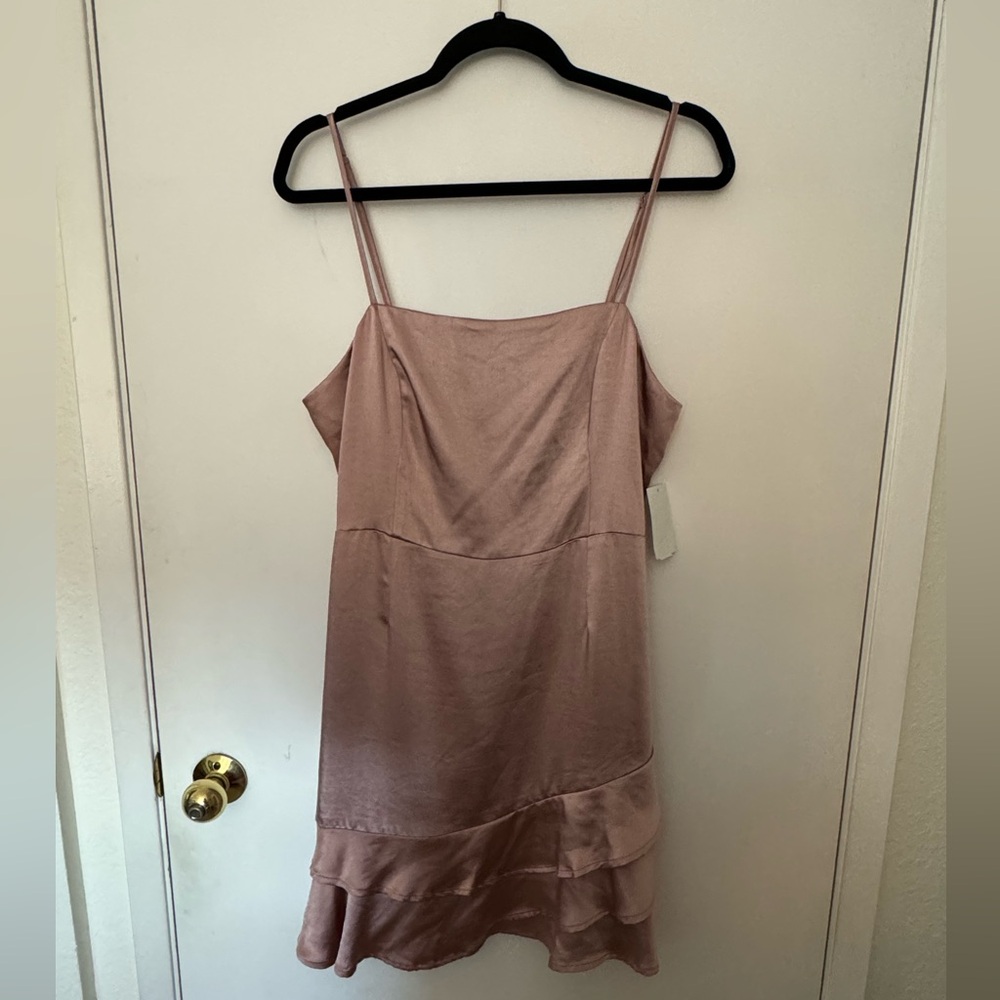 Pink satin Lulu’s mini dress with bottom ruffles